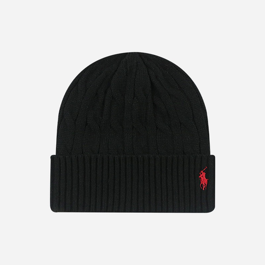 Ralph Lauren Cable Knit Beanie, Black Red Pony